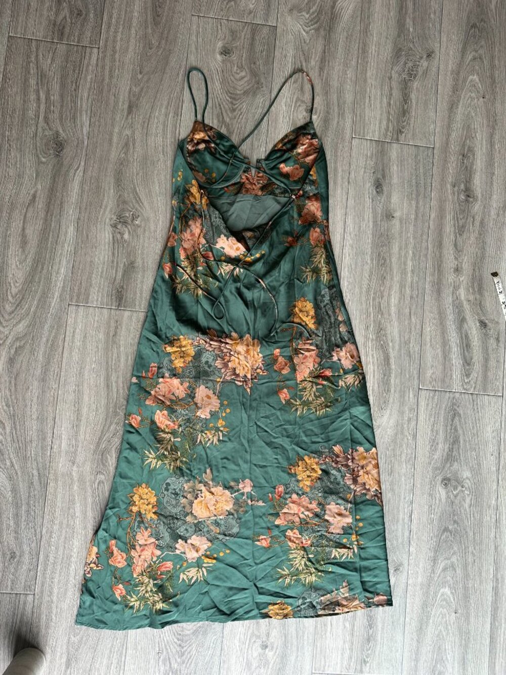🌿 ACOA Green Floral Satin Bustier Midi Dress Open Tie Back NWT Medium 🌿 - Picture 5 of 7